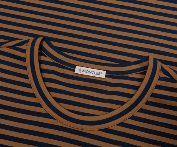 Moncler Navy/ Rust Striped Leather Pocket T-Shirt