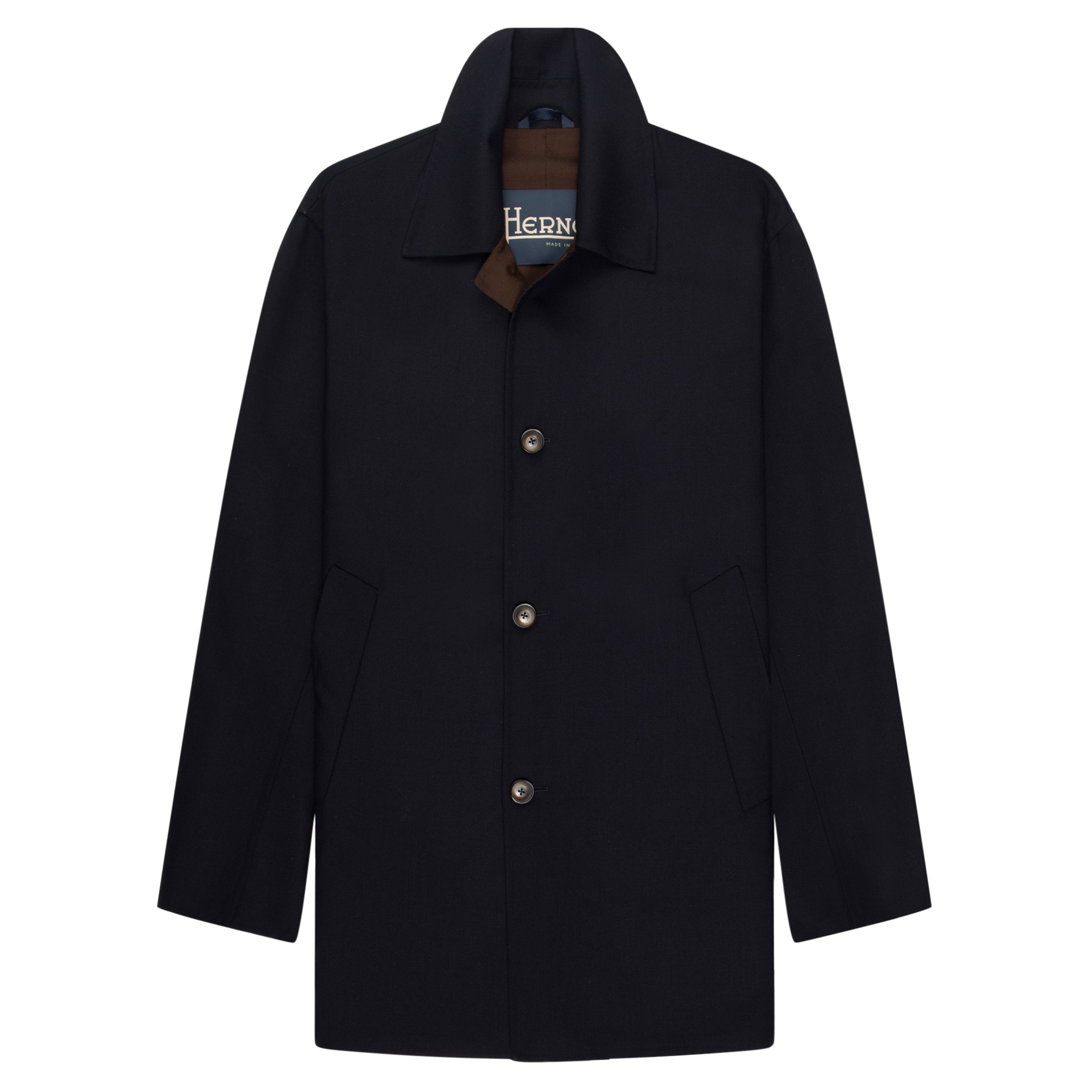 A lightweight navy Herno jacket with a flattering 3/4 length and contrasting interior lining. Designed for versatile layering and refined everyday elegance.