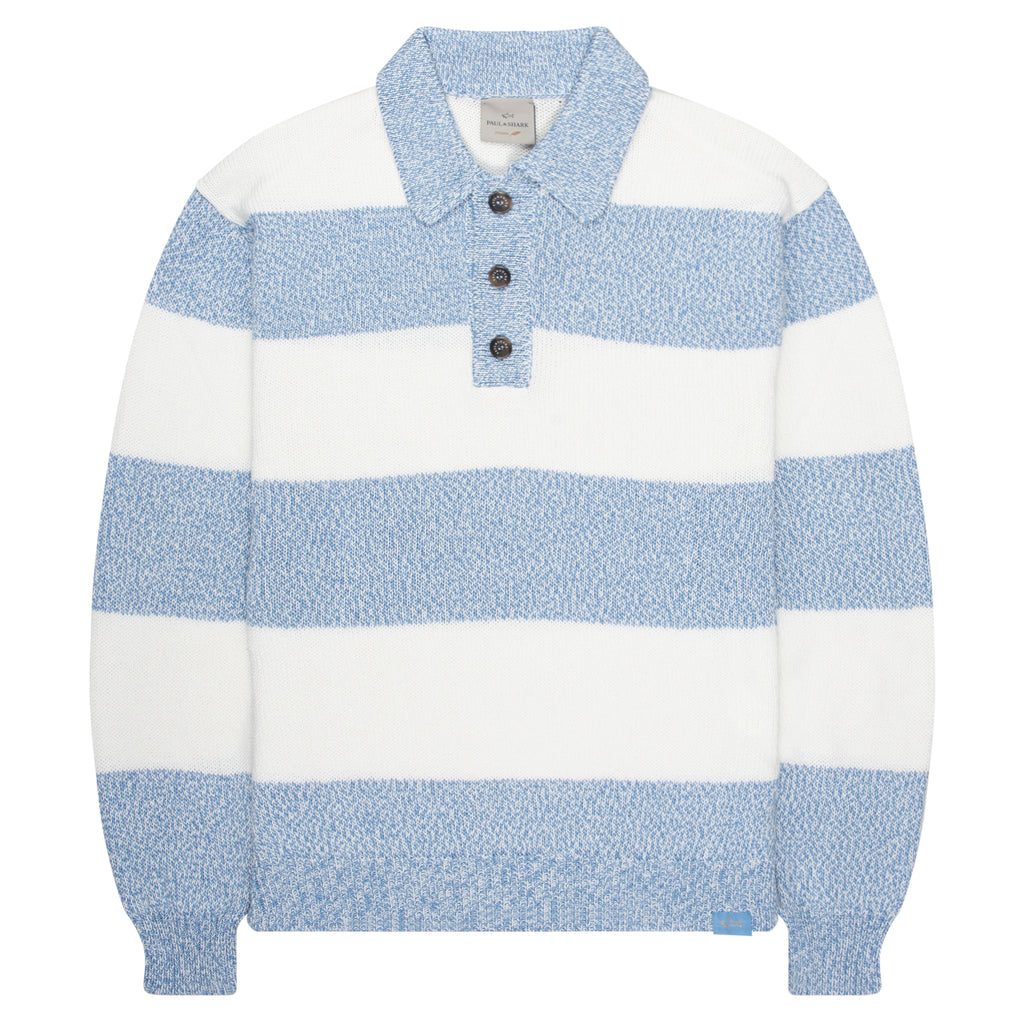 Paul & Shark Light Blue/White Fleck Striped 1/4 Button Knit