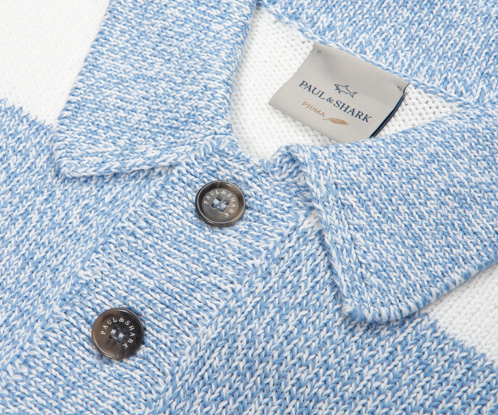 Paul & Shark Light Blue/White Fleck Striped 1/4 Button Knit