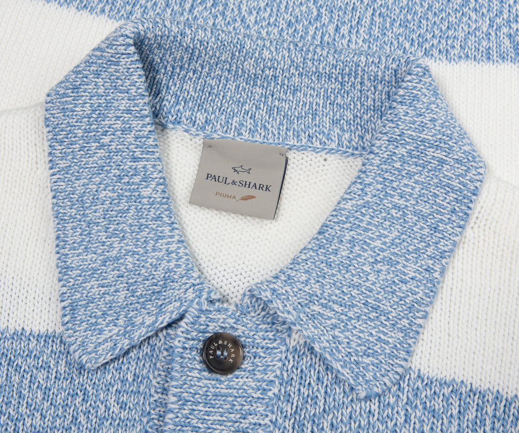 Paul & Shark Light Blue/White Fleck Striped 1/4 Button Knit