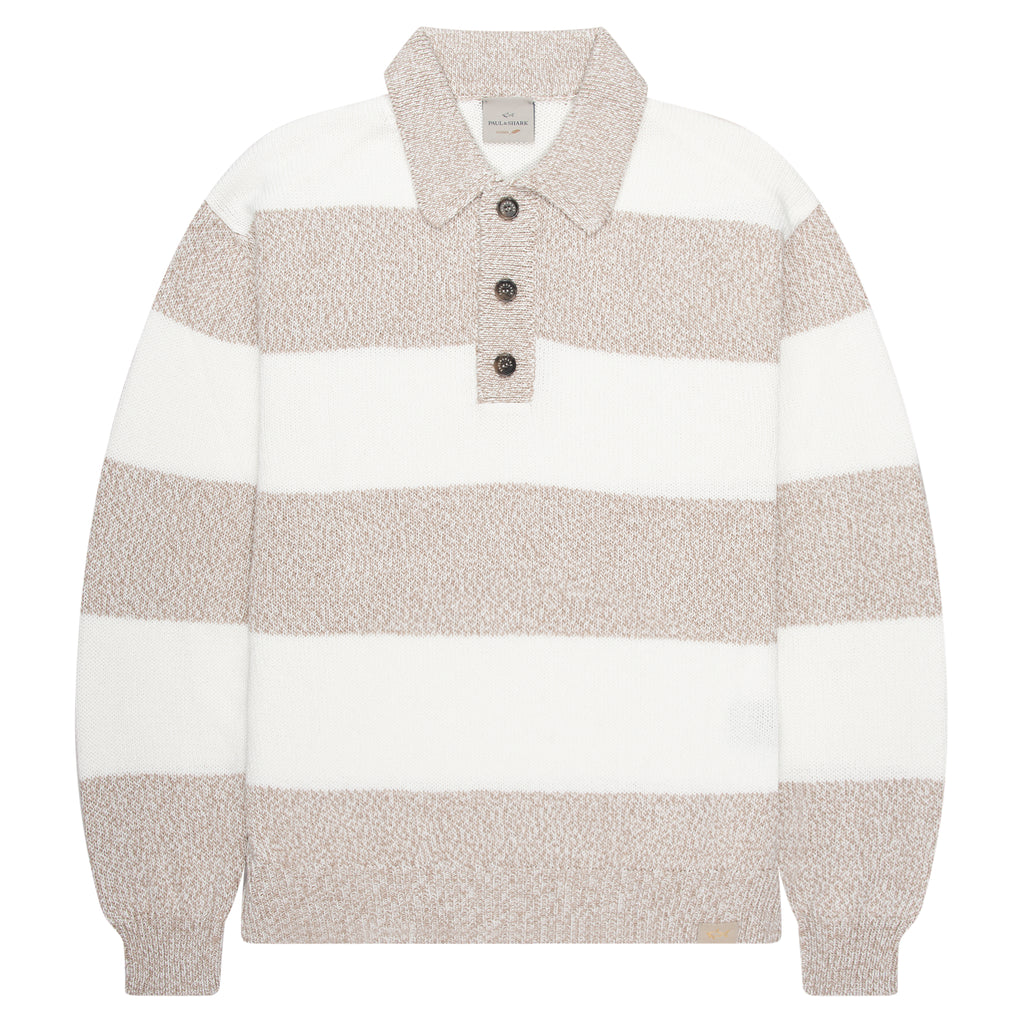 Paul & Shark Light Brown/White Fleck Striped 1/4 Button Knit