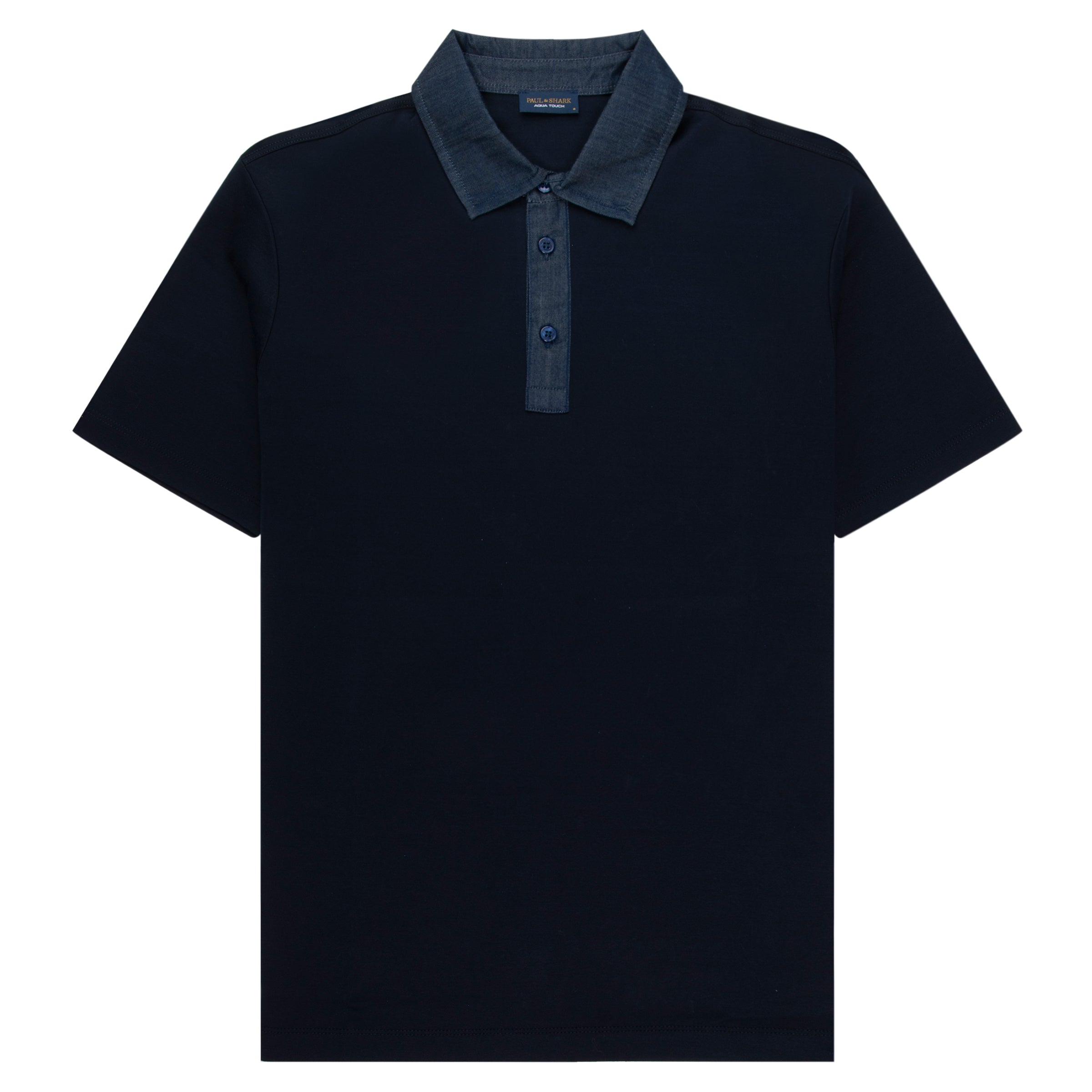 Paul &amp; Shark navy chambray-trimmed polo in soft stretch cotton. A contemporary take on the classic style, designed for smart-casual wear.