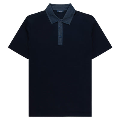 Paul &amp; Shark navy chambray-trimmed polo in soft stretch cotton. A contemporary take on the classic style, designed for smart-casual wear.