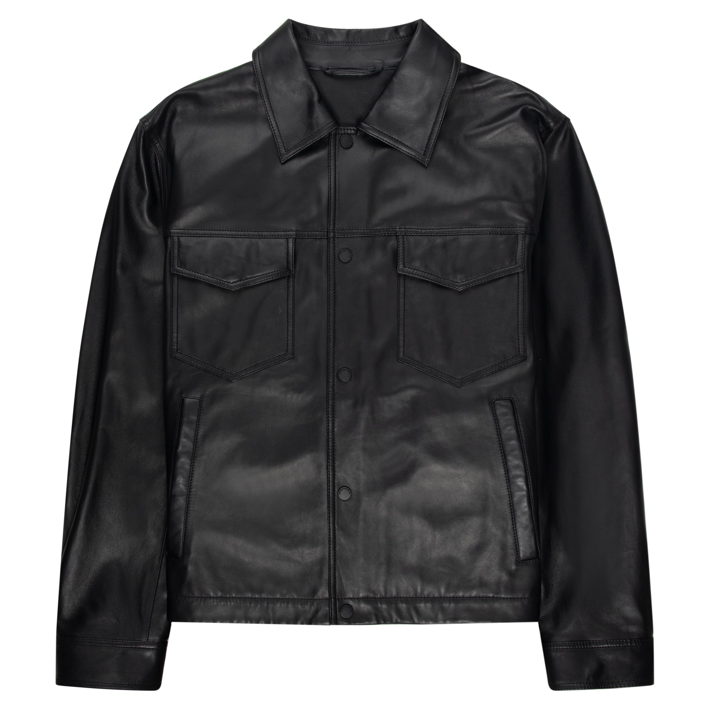 Emporio Armani men’s black lamb nappa leather blouson with press-stud closure and patch pockets