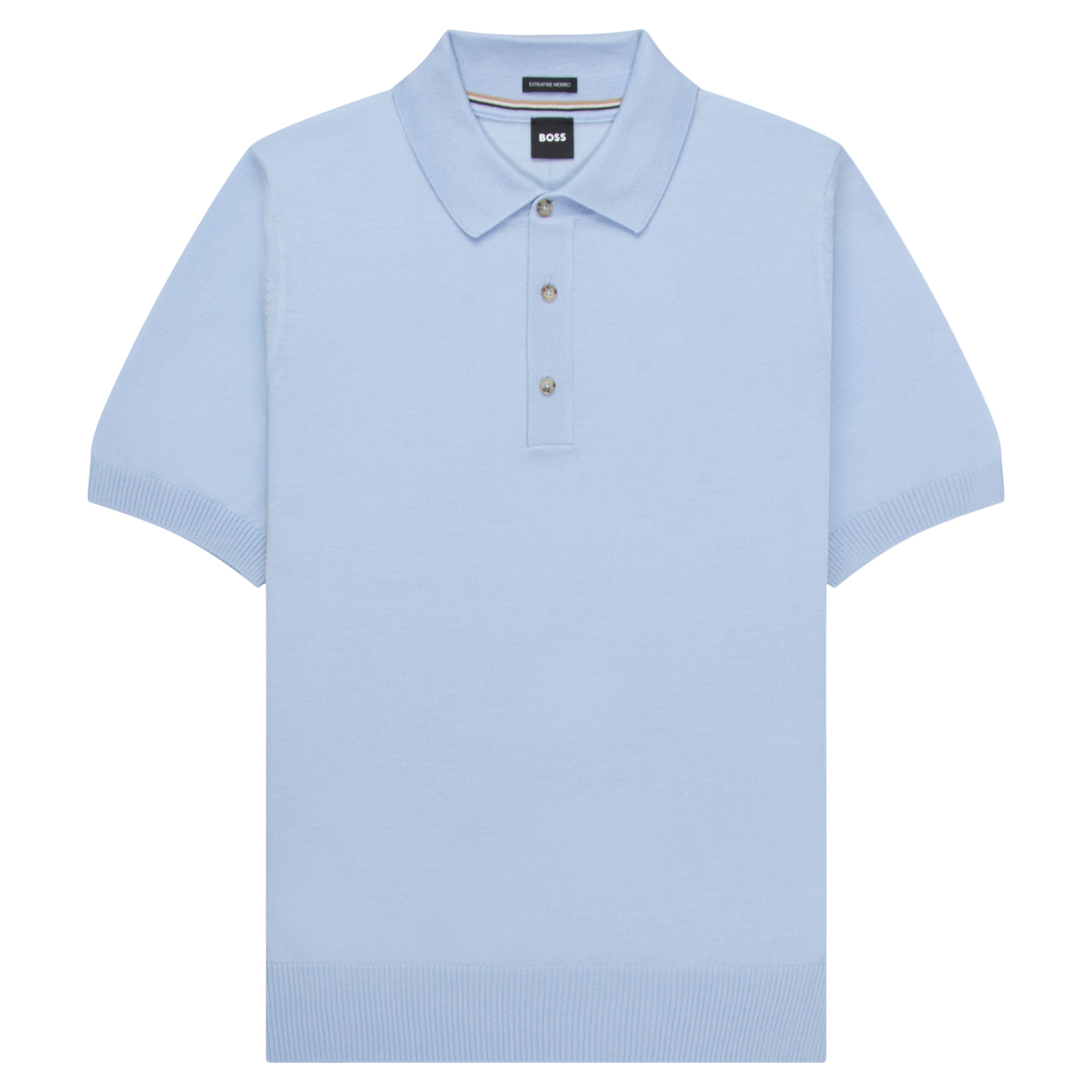BOSS H Nolano Light Blue Knitted Polo. Features a contemporary polo collar and signature side-seam logo flag.