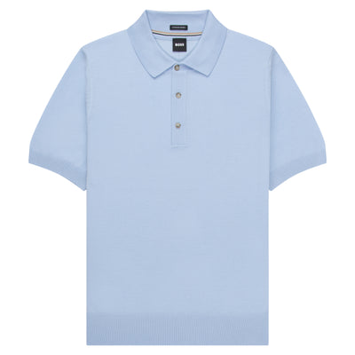 BOSS H Nolano Light Blue Knitted Polo. Features a contemporary polo collar and signature side-seam logo flag.