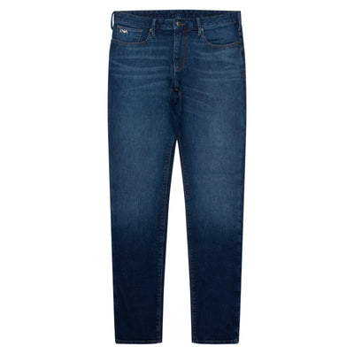 Emporio Armani J06 Slim Fit Jeans in mid blue, featuring a streamlined cut and five-pocket design for everyday wear.