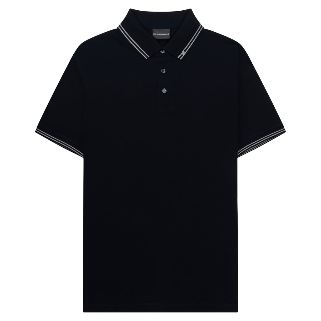 Men’s navy cotton piqué polo shirt with logo-trim collar and micro eagle embroidery, regular fit