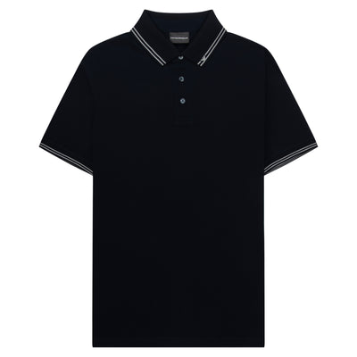 Men’s navy cotton piqué polo shirt with logo-trim collar and micro eagle embroidery, regular fit