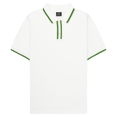 White Paul Smith polo shirt with green contrast tipping on collar, placket and sleeve cuffs.
