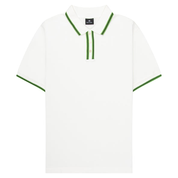 White Paul Smith polo shirt with green contrast tipping on collar, placket and sleeve cuffs.