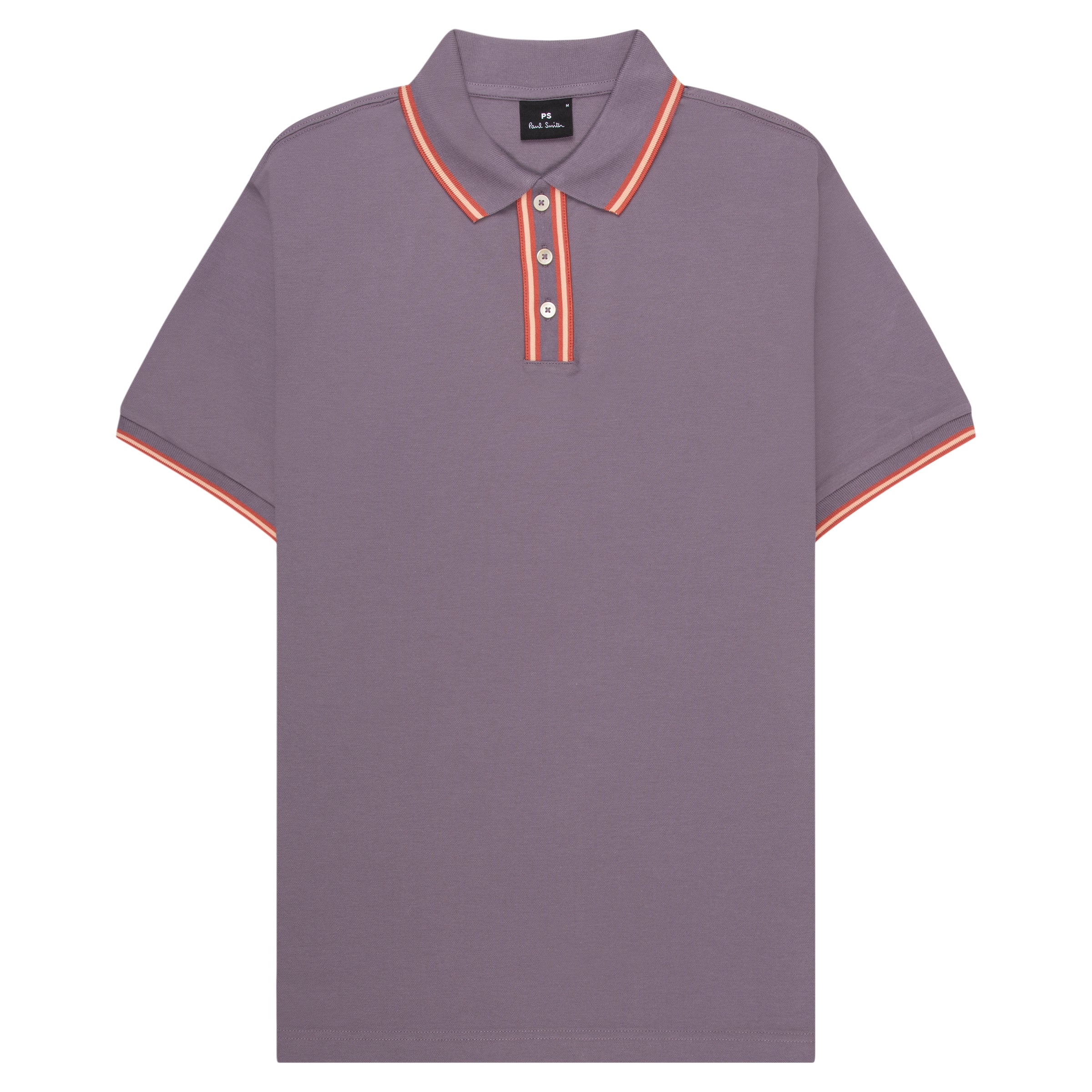 Purple Paul Smith polo shirt with red contrast tipping on collar, placket and sleeve cuffs.