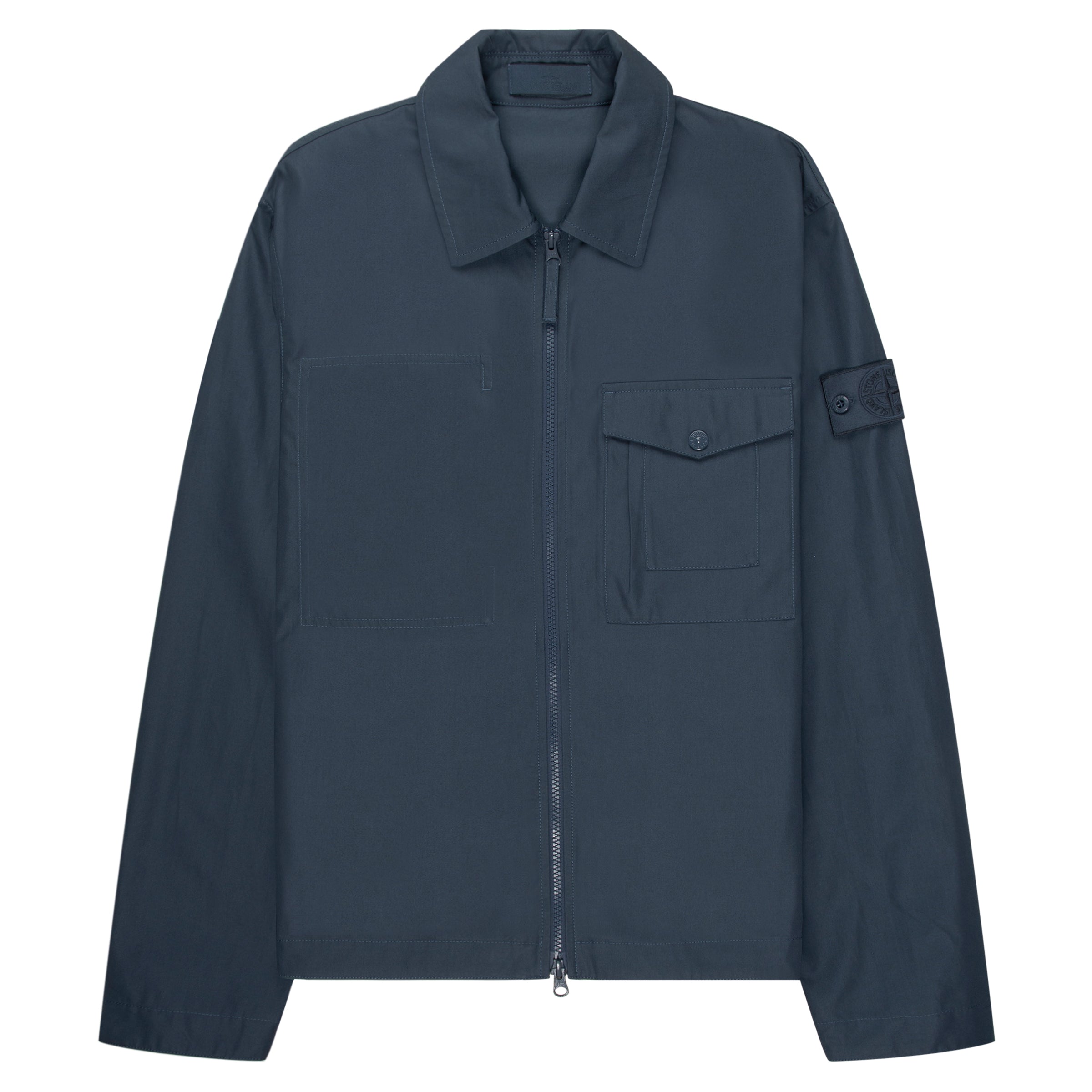 Stone Island Ghost overshirt in monochrome organic cotton canvas with tonal badge, minimalist design, windproof and breathable fabric that swells when wet for natural weather resistance.