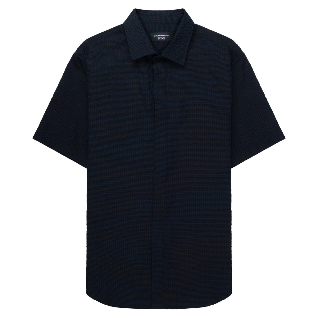 Armani Navy Icon Checkered Crimp Short Sleeve Shirt
