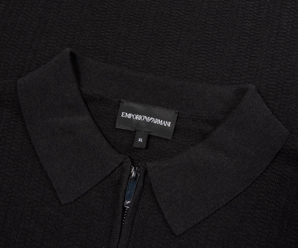 Armani Dark Grey Waffle 1/4 Zip Knitted Polo
