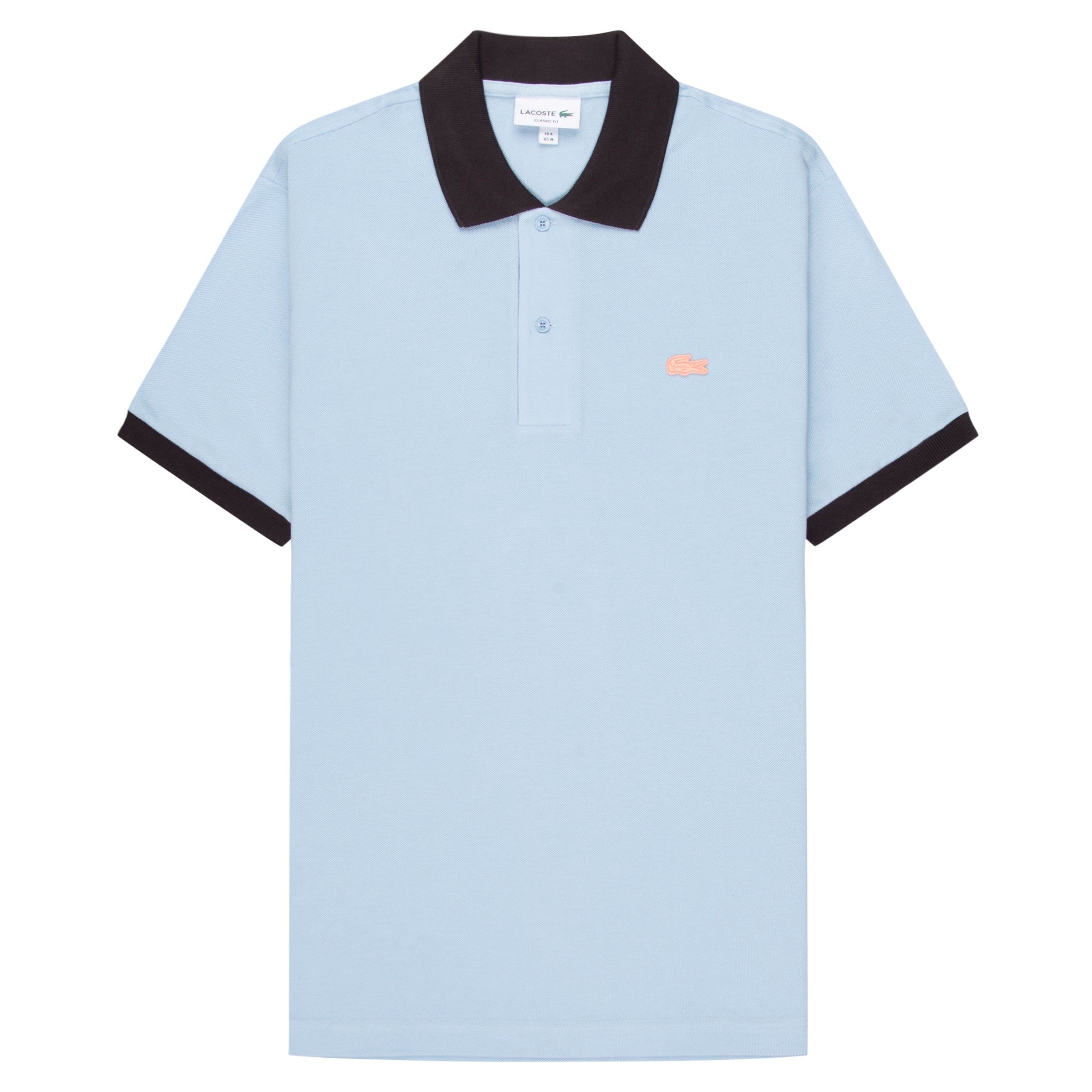 Lacoste Blue/Navy Trim Miami Blossom Polo in soft blue palette is anchored by navy contrast ribbing at the collar and cuffs