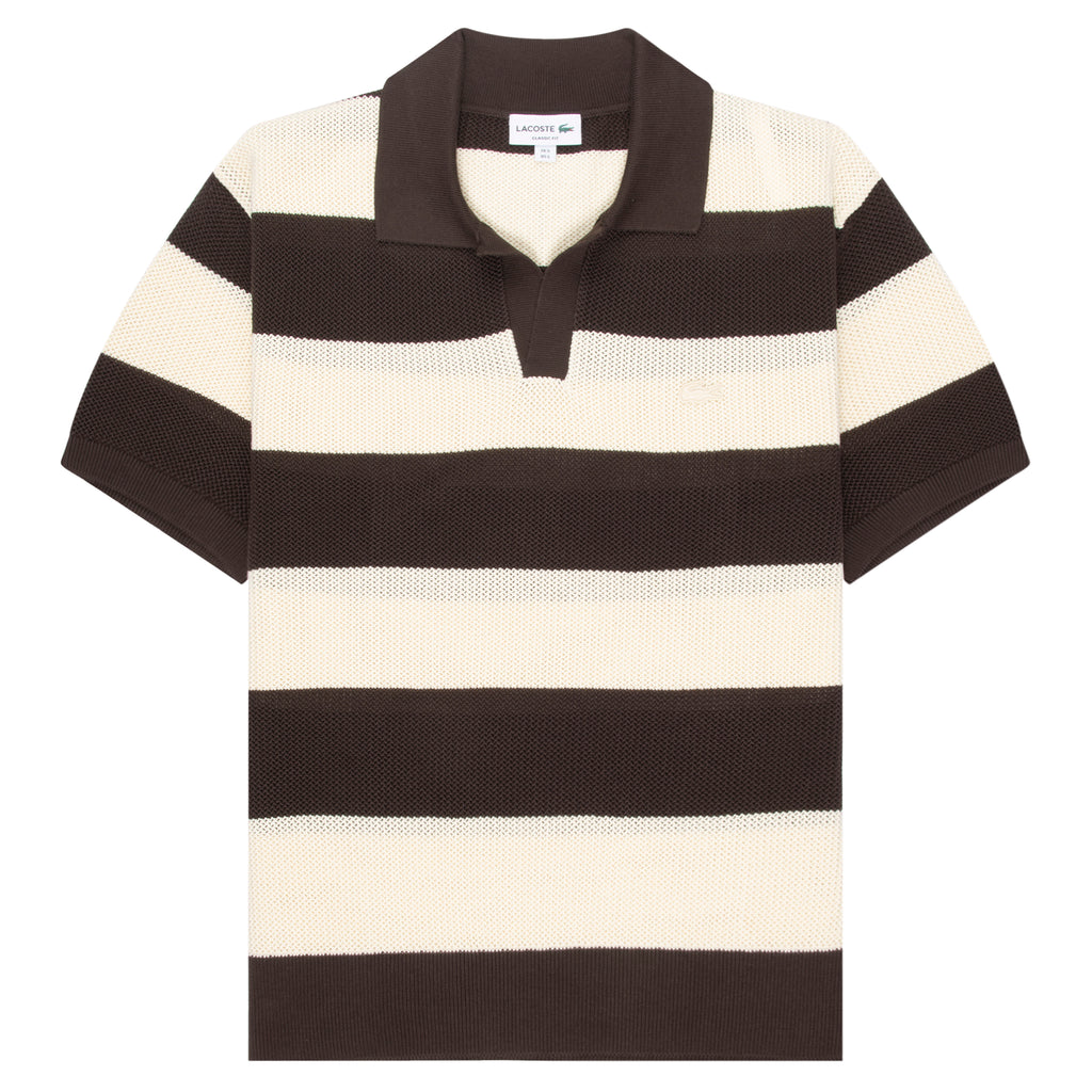 Lacoste Knit Stripe Polo in brown and cream knitted polo shirt