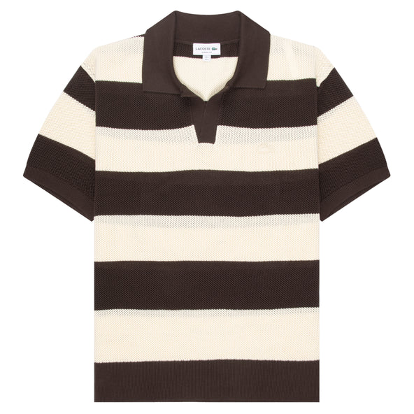 Lacoste Knit Stripe Polo in brown and cream knitted polo shirt