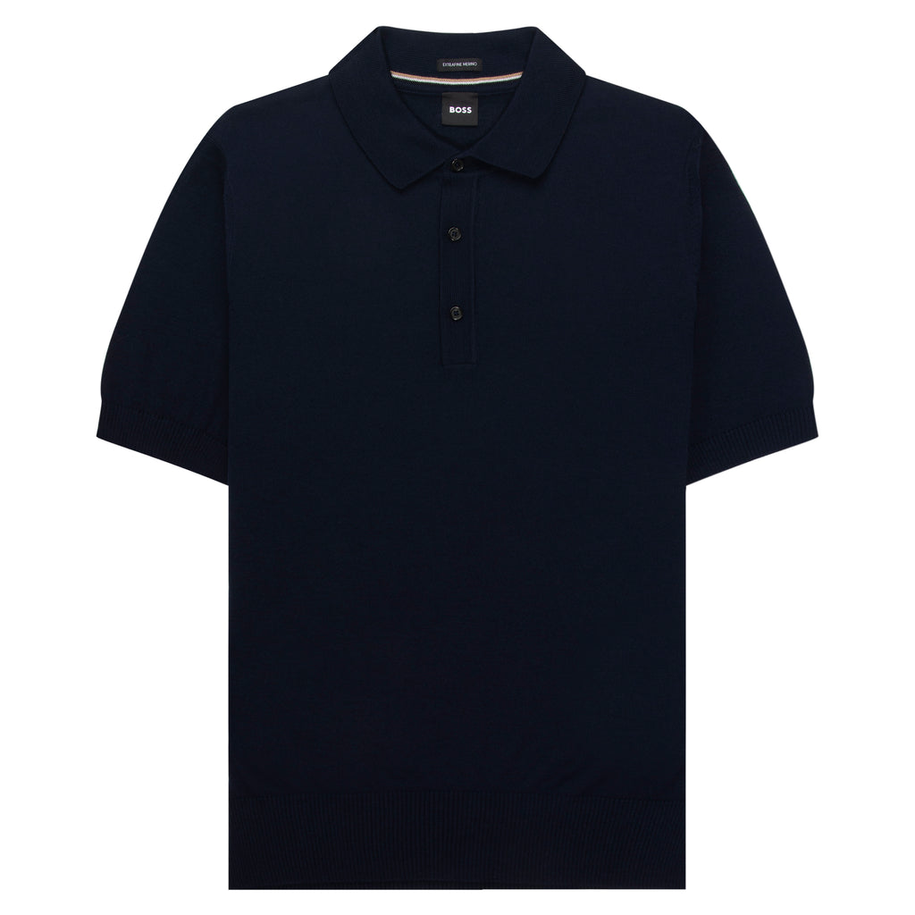 BOSS H Nolano Navy Knitted Polo in responsibly sourced virgin wool.