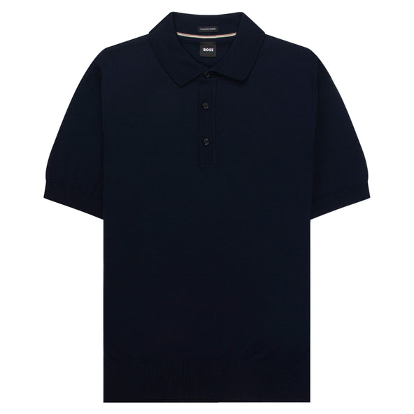 BOSS H Nolano Navy Knitted Polo in responsibly sourced virgin wool.