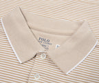 Beige and white striped polo shirt with Polo Ralph Lauren logo on a matching background