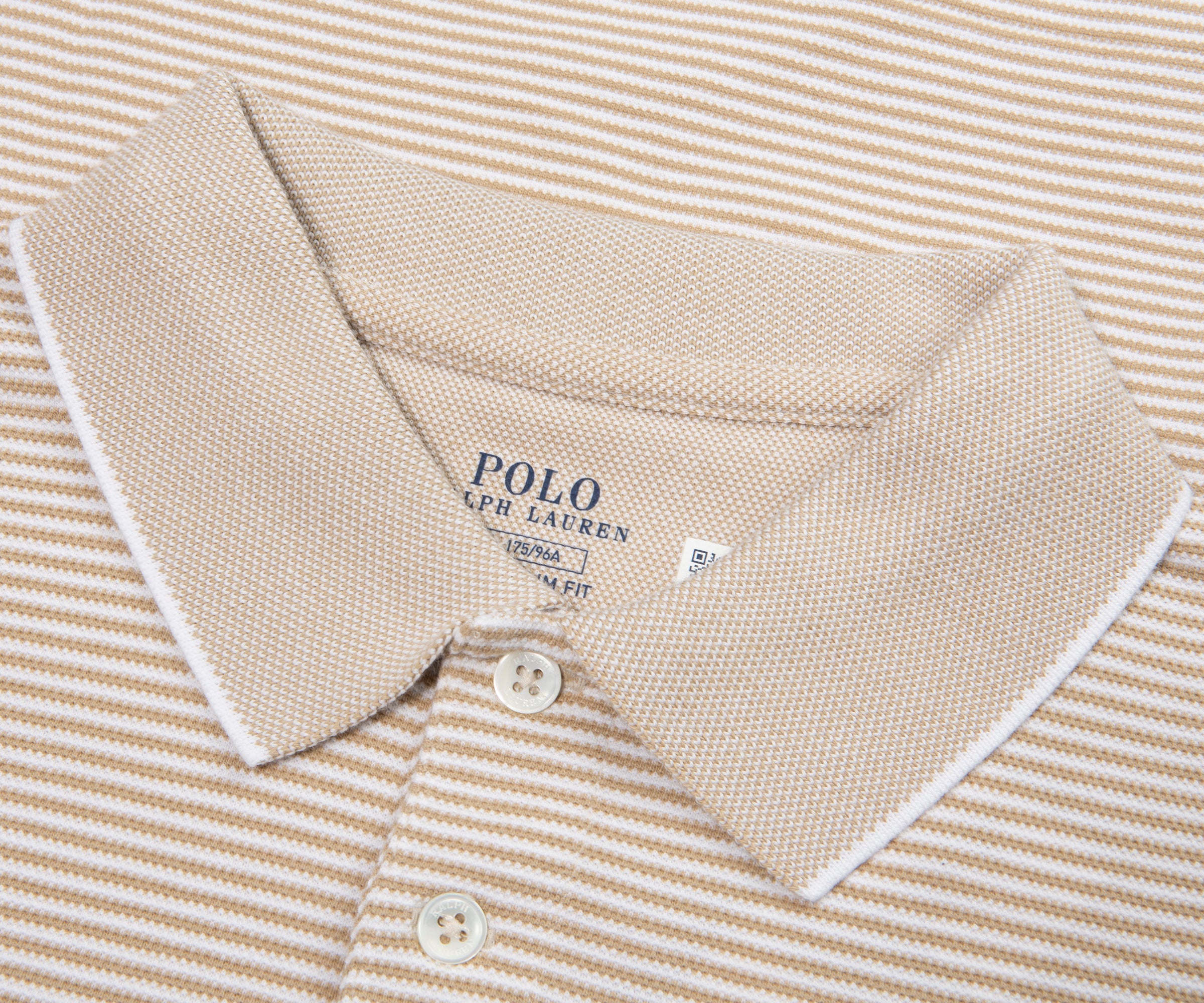 Beige and white striped polo shirt with Polo Ralph Lauren logo on a matching background