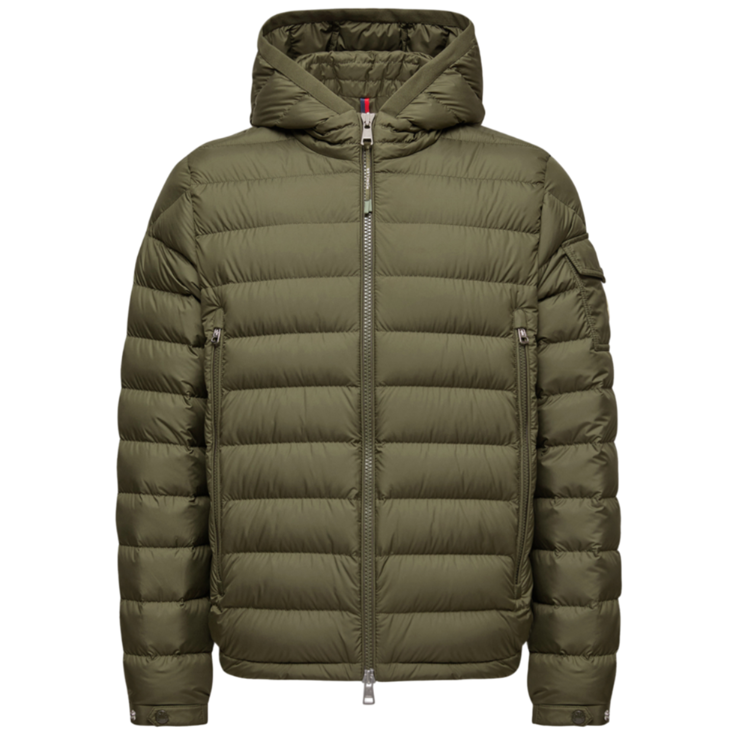 Green puffer jacket on a white background