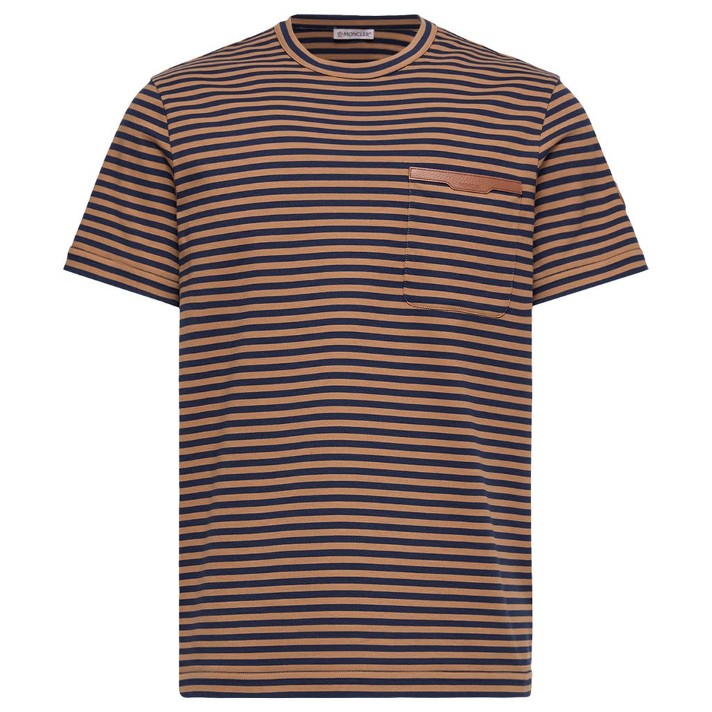 Moncler Navy/ Rust Striped Leather Pocket T-Shirt