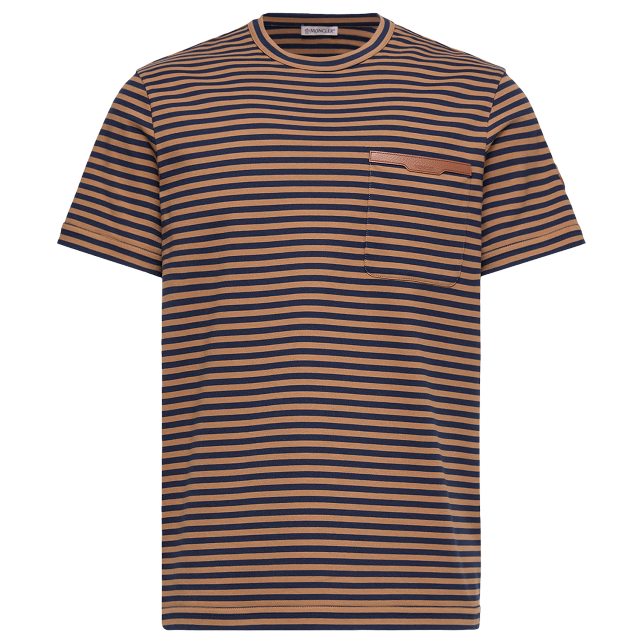 Moncler Navy/ Rust Striped Leather Pocket T-Shirt