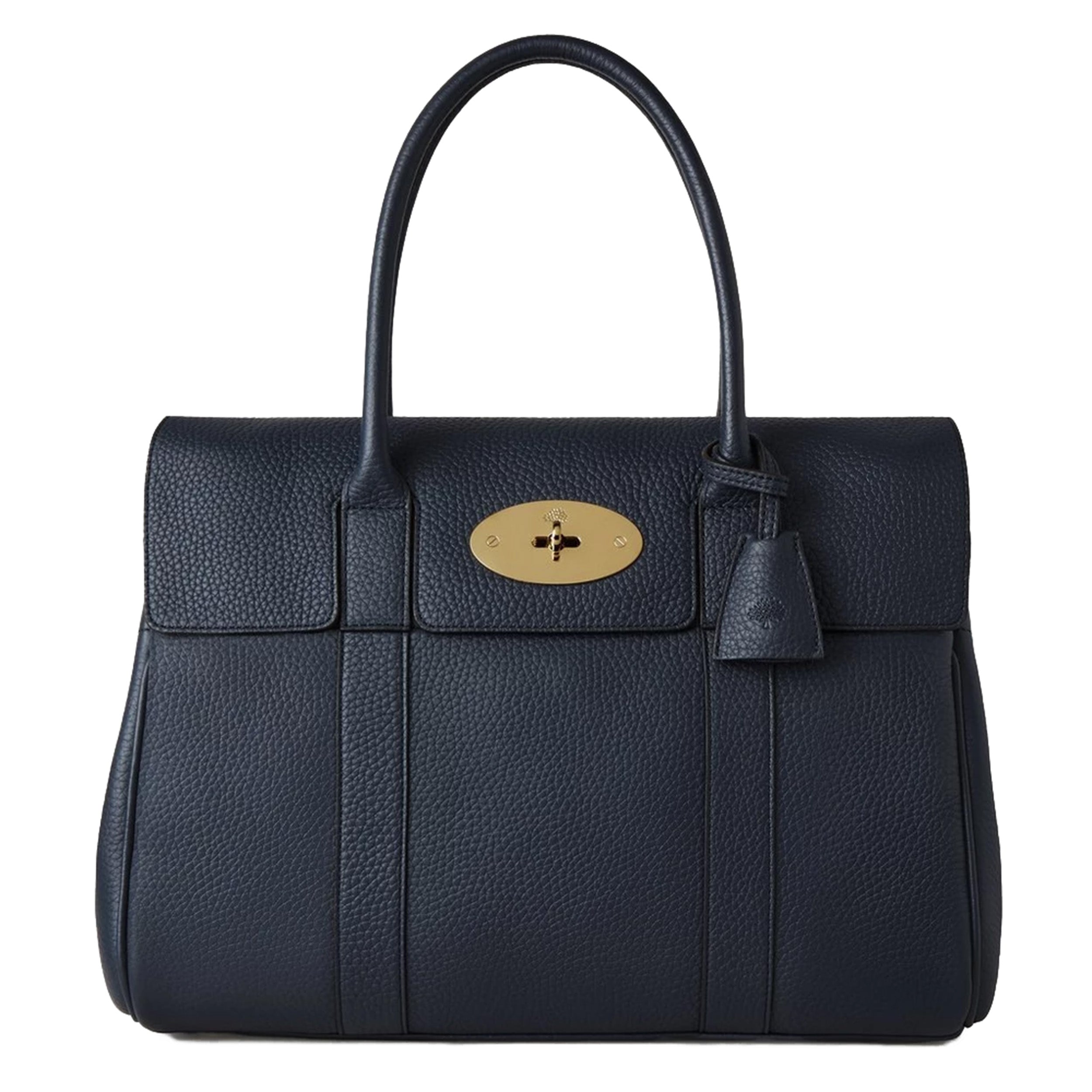 Navy blue handbag with a gold clasp on a white background