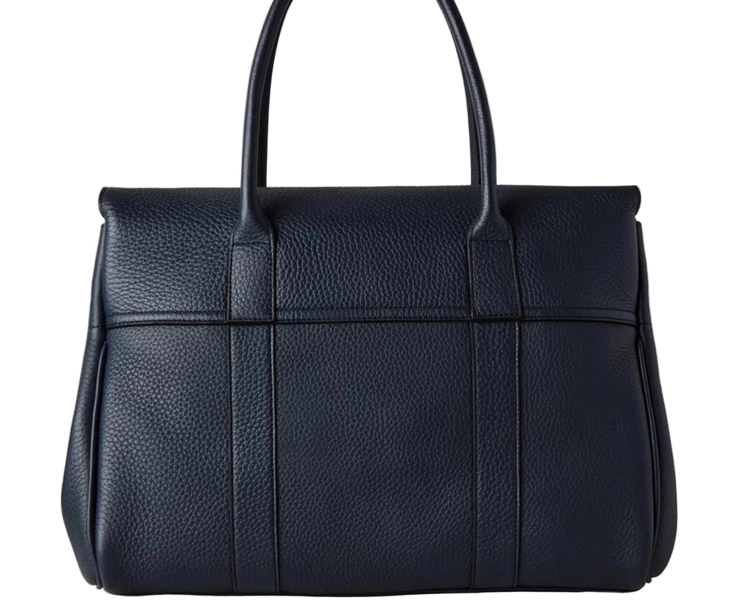 Navy blue leather handbag on a light gray background
