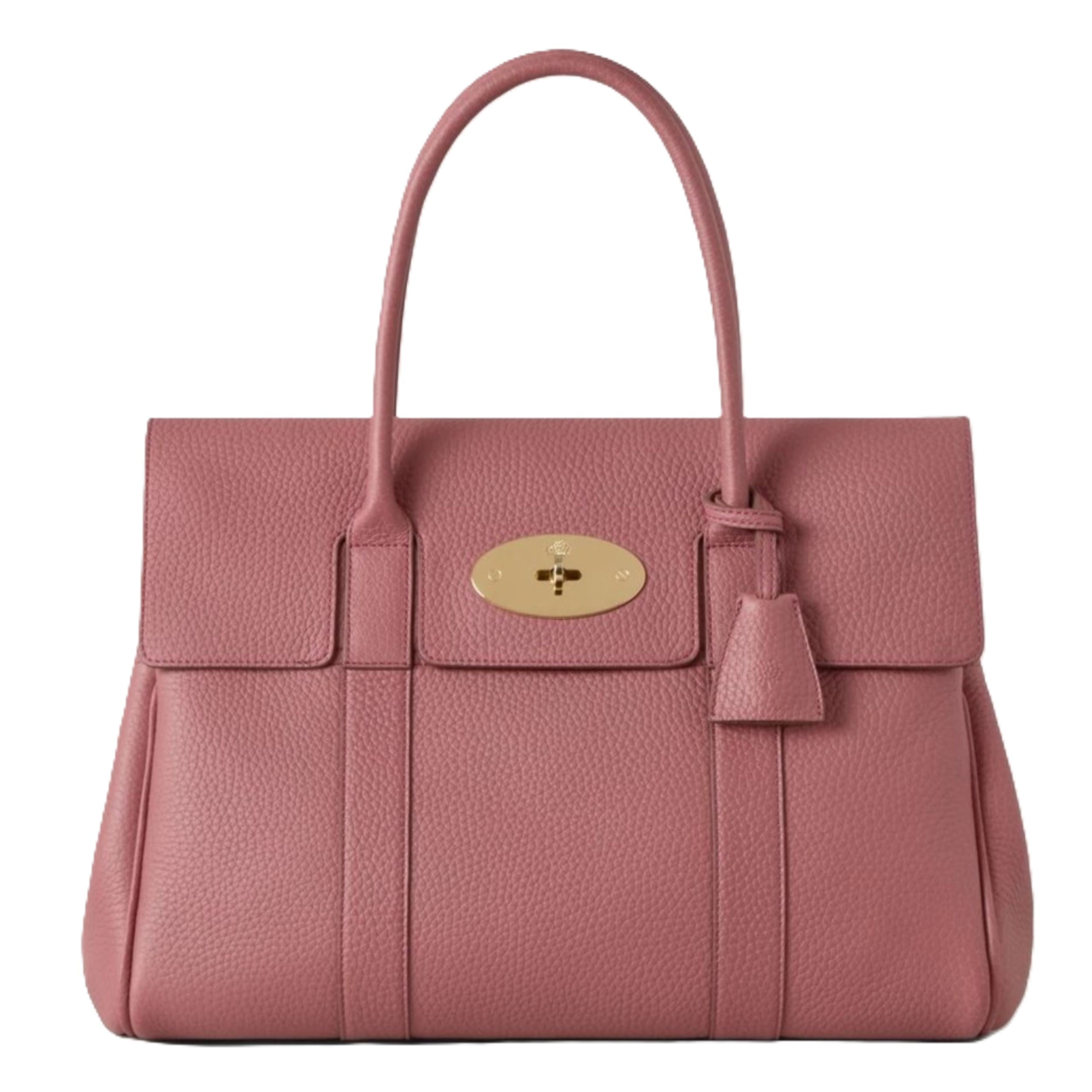 Pink handbag with a gold clasp on a white background