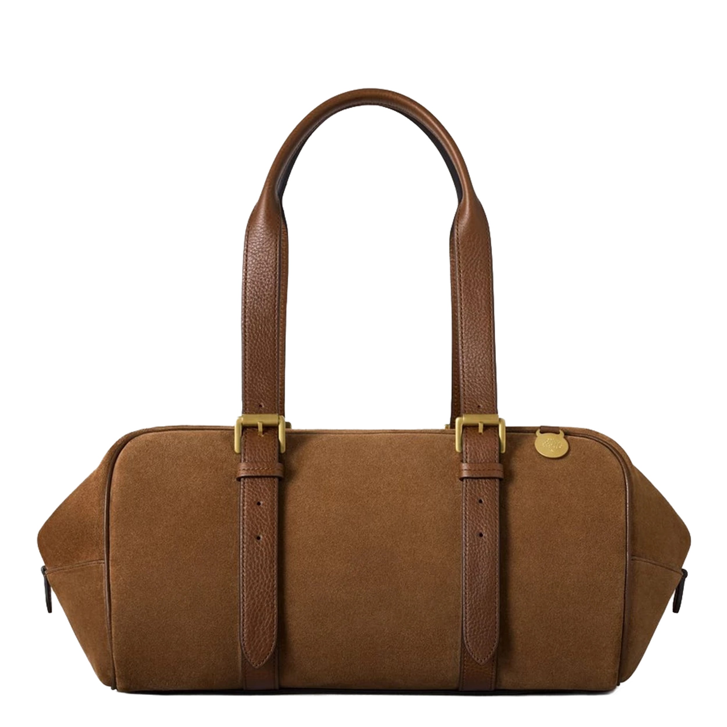 Brown leather duffel bag with gold buckles on a white background