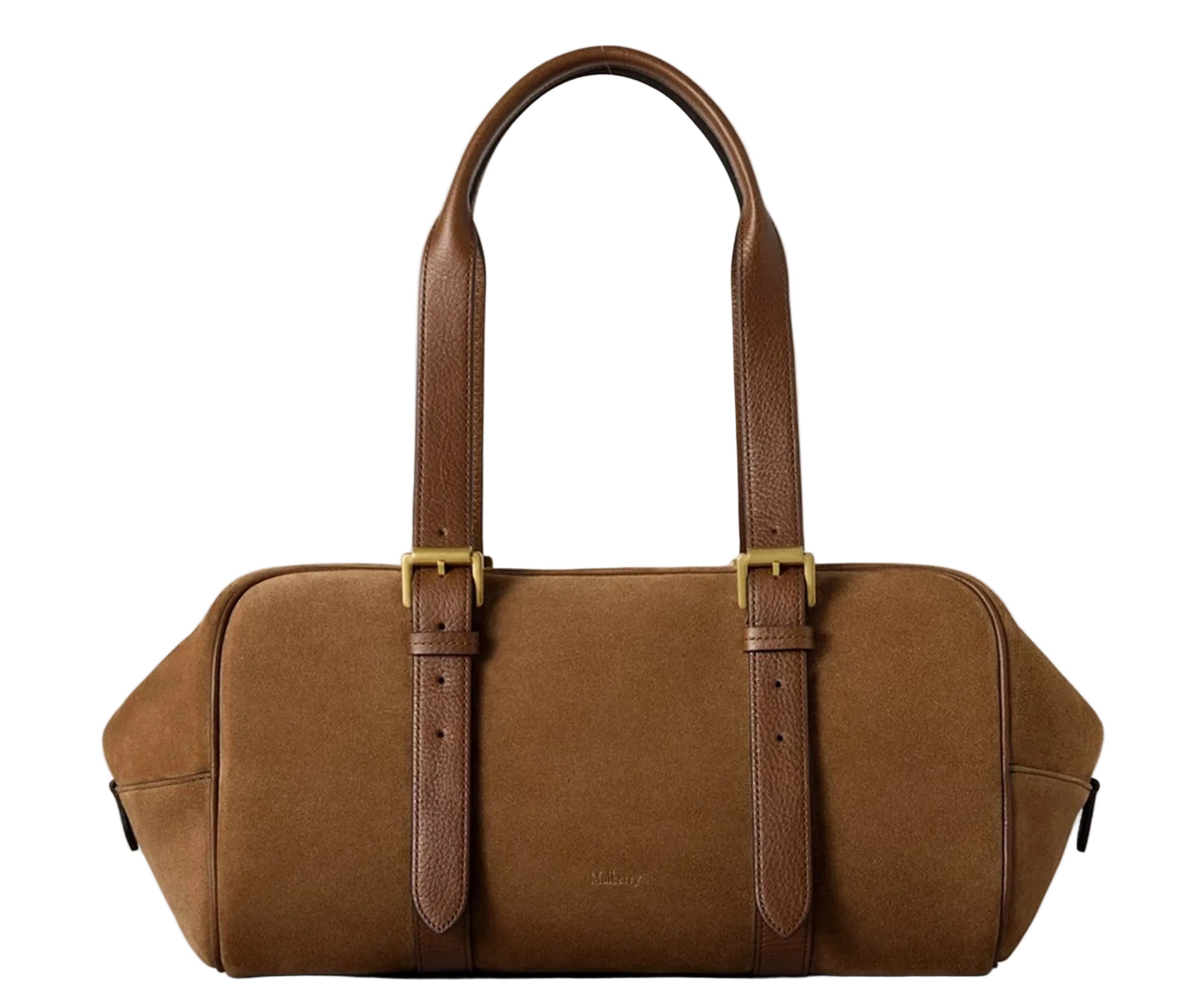 Brown leather duffel bag on a light gray background