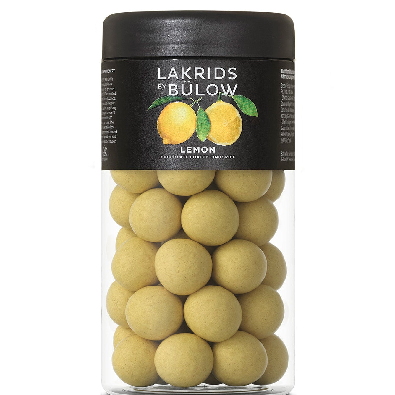Jar of Lakrids by Bulow Lemon liquorice on a white background