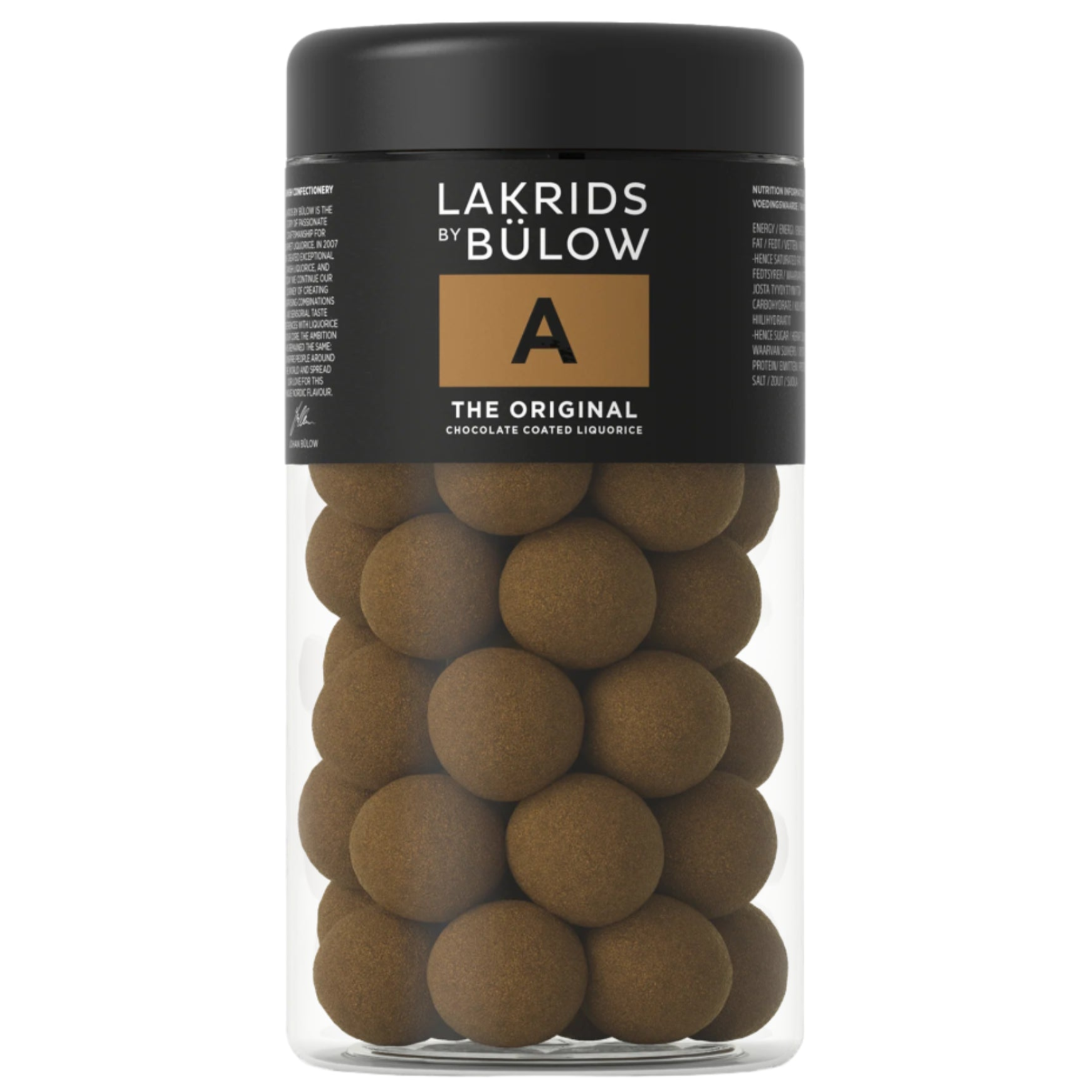 A clear cylindrical container filled with round chocolate-covered licorice candies, with the brand 'Lakrids by Bulow - THE ORIGINAL' visible on the label.