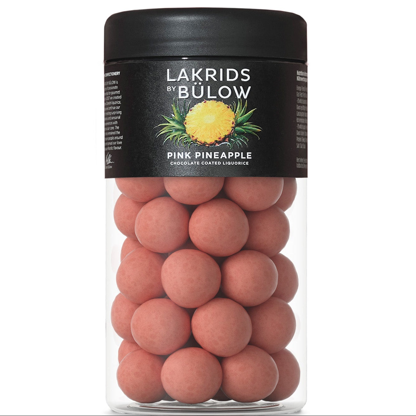 Jar of Lakrids by Bulow Pink Pineapple chocolate liquorice on a white background