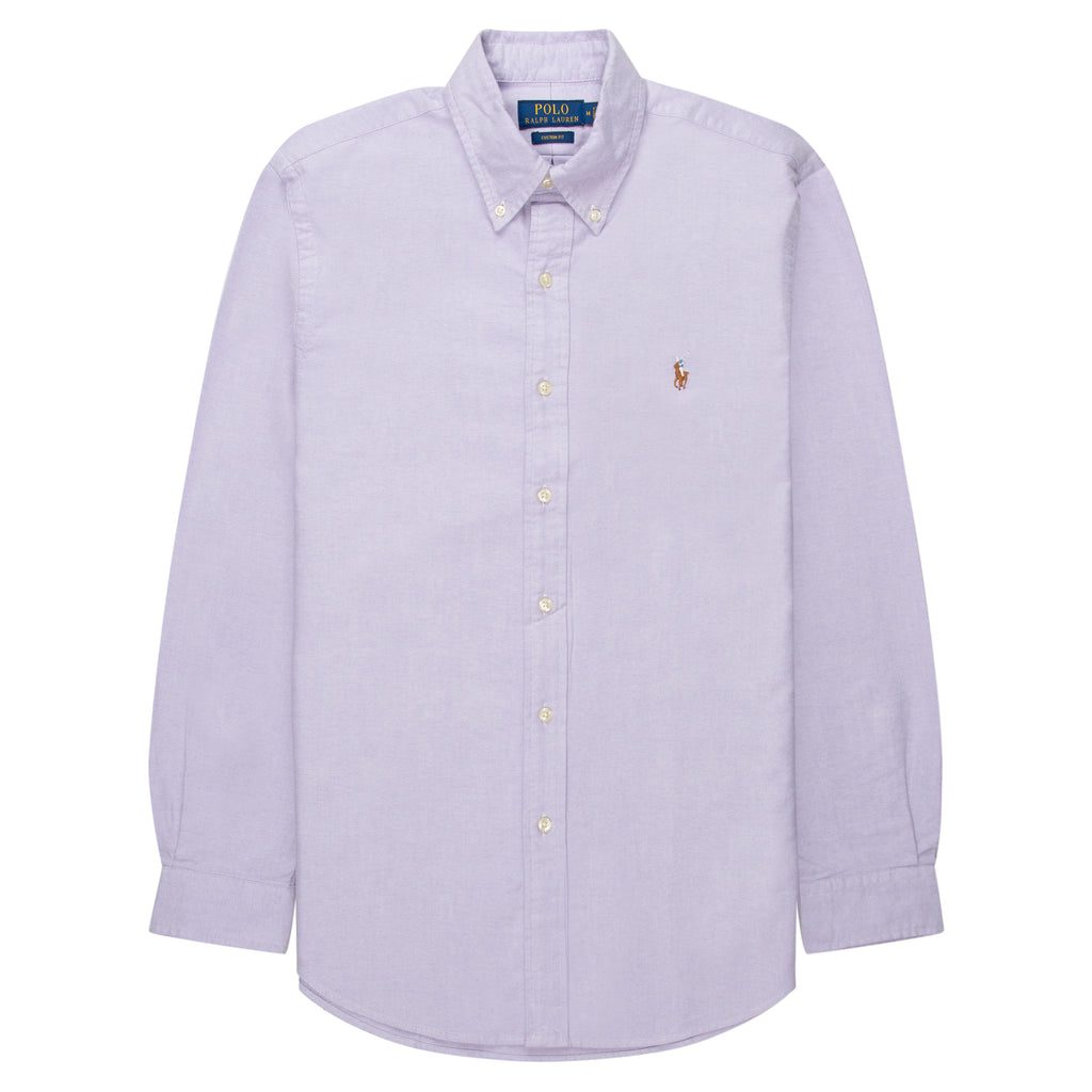 Light purple button-up shirt with a small logo on a white background