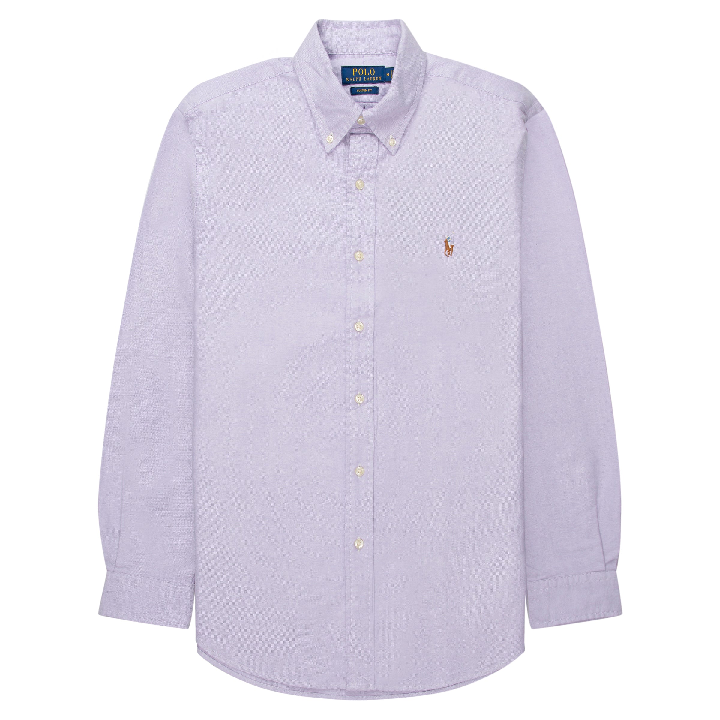 Light purple button-up shirt with a small logo on a white background
