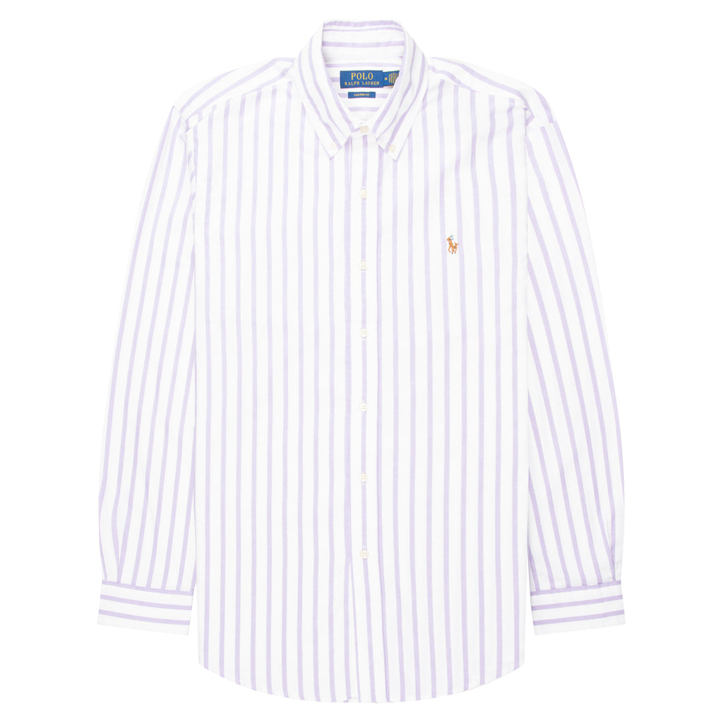 White and blue striped shirt with Polo Ralph Lauren logo on a white background