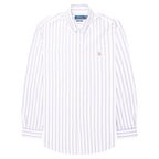 White and blue striped shirt with Polo Ralph Lauren logo on a white background