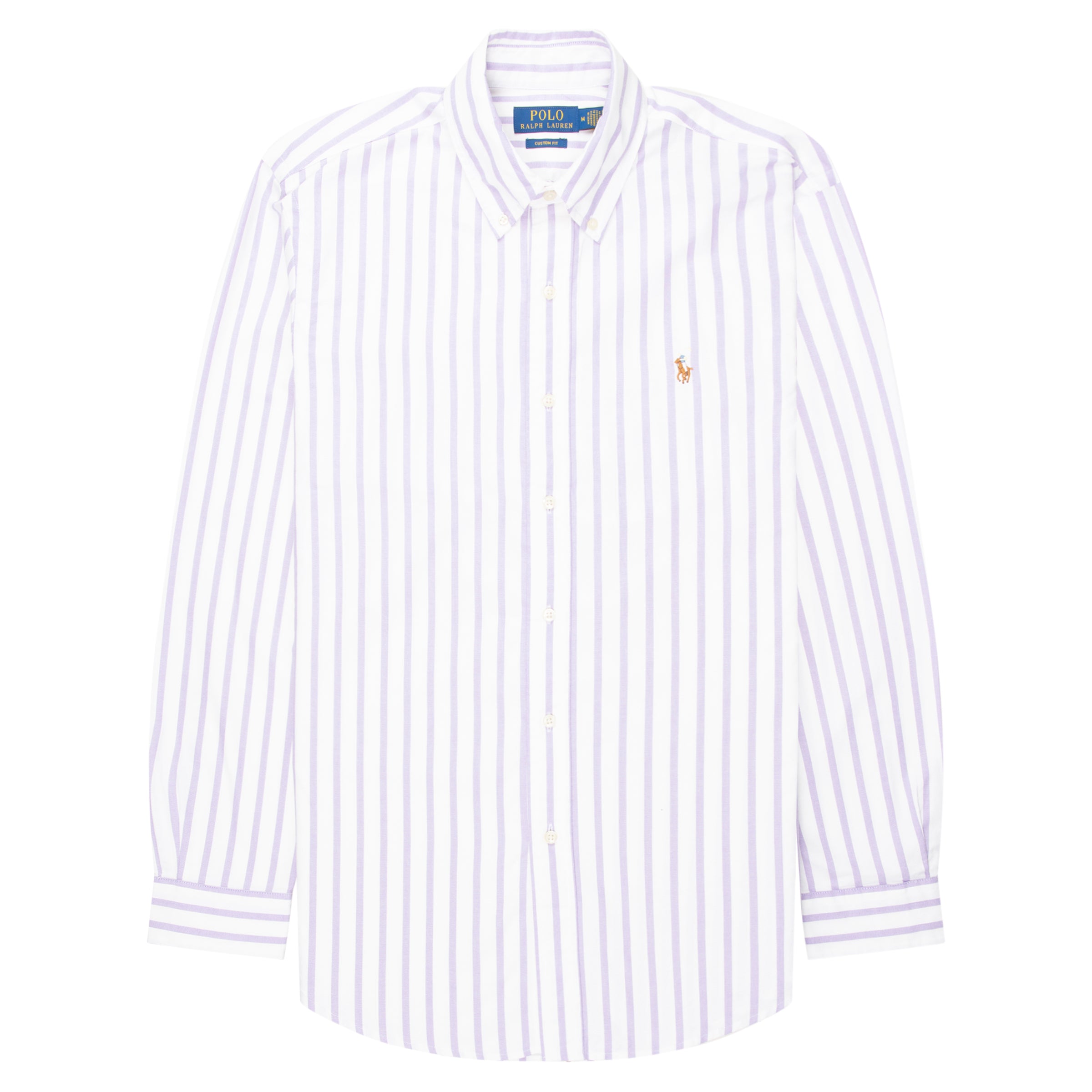 White and blue striped shirt with Polo Ralph Lauren logo on a white background