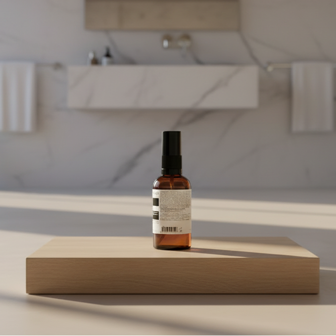 Brown spray bottle with a label on a gray background