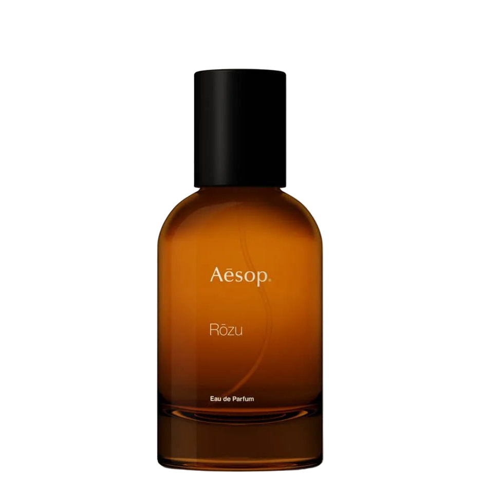 Aesop Rozu rose fragrance with shiso leaf, warm woods, subtle spice, and soft smoky undertones for a refined, modern floral scent.