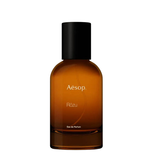 Aesop Rozu rose fragrance with shiso leaf, warm woods, subtle spice, and soft smoky undertones for a refined, modern floral scent.