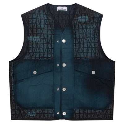 Stone Island Navy Corrosion Nylon Reps TC Vest with PrimaLoft® padding, contrasting nylon panels, multiple snap pockets, and White Stone Island badge at Pockets