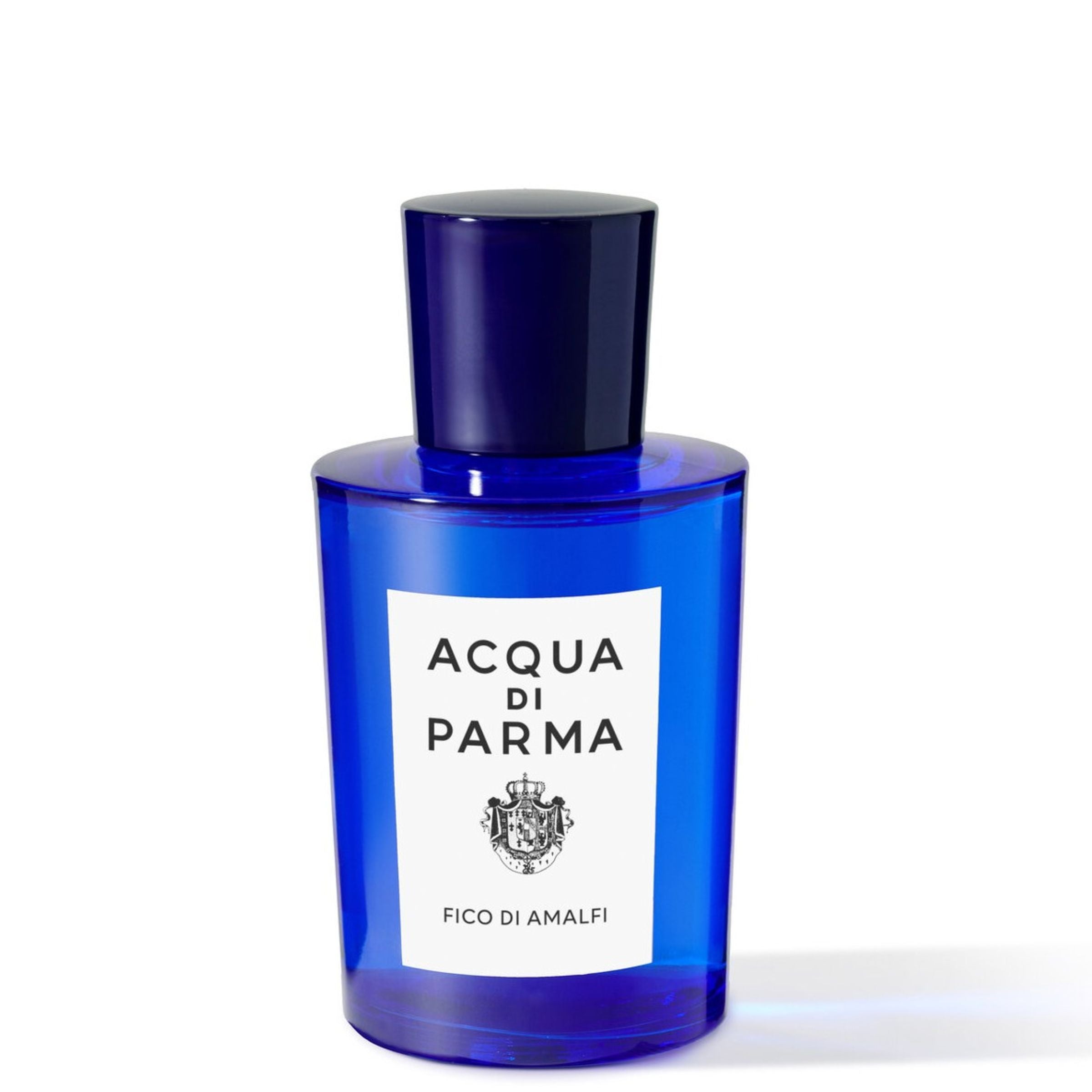Blue Acqua di Parma perfume bottle on a white background