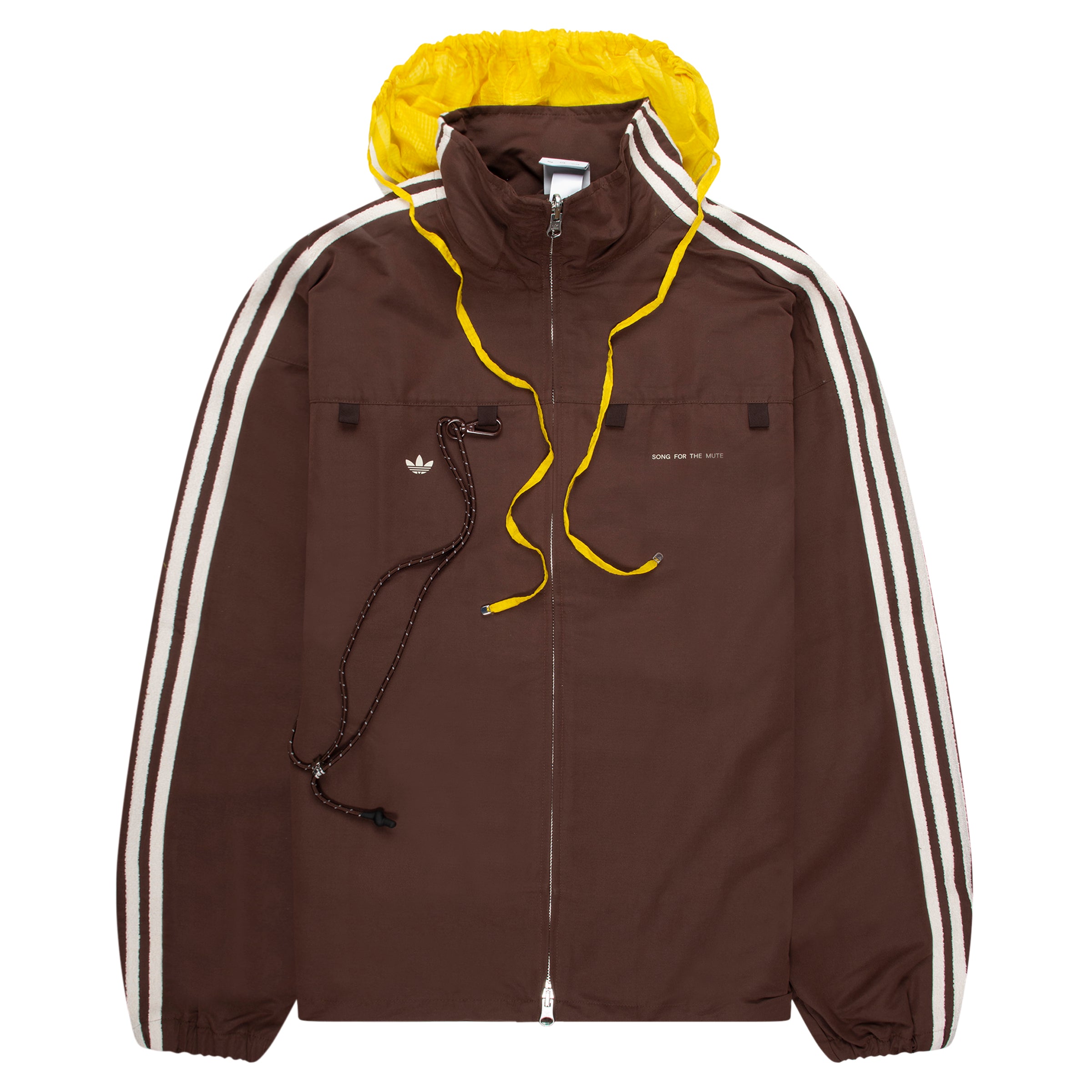 Brown jacket with yellow hood and white stripes on a white background