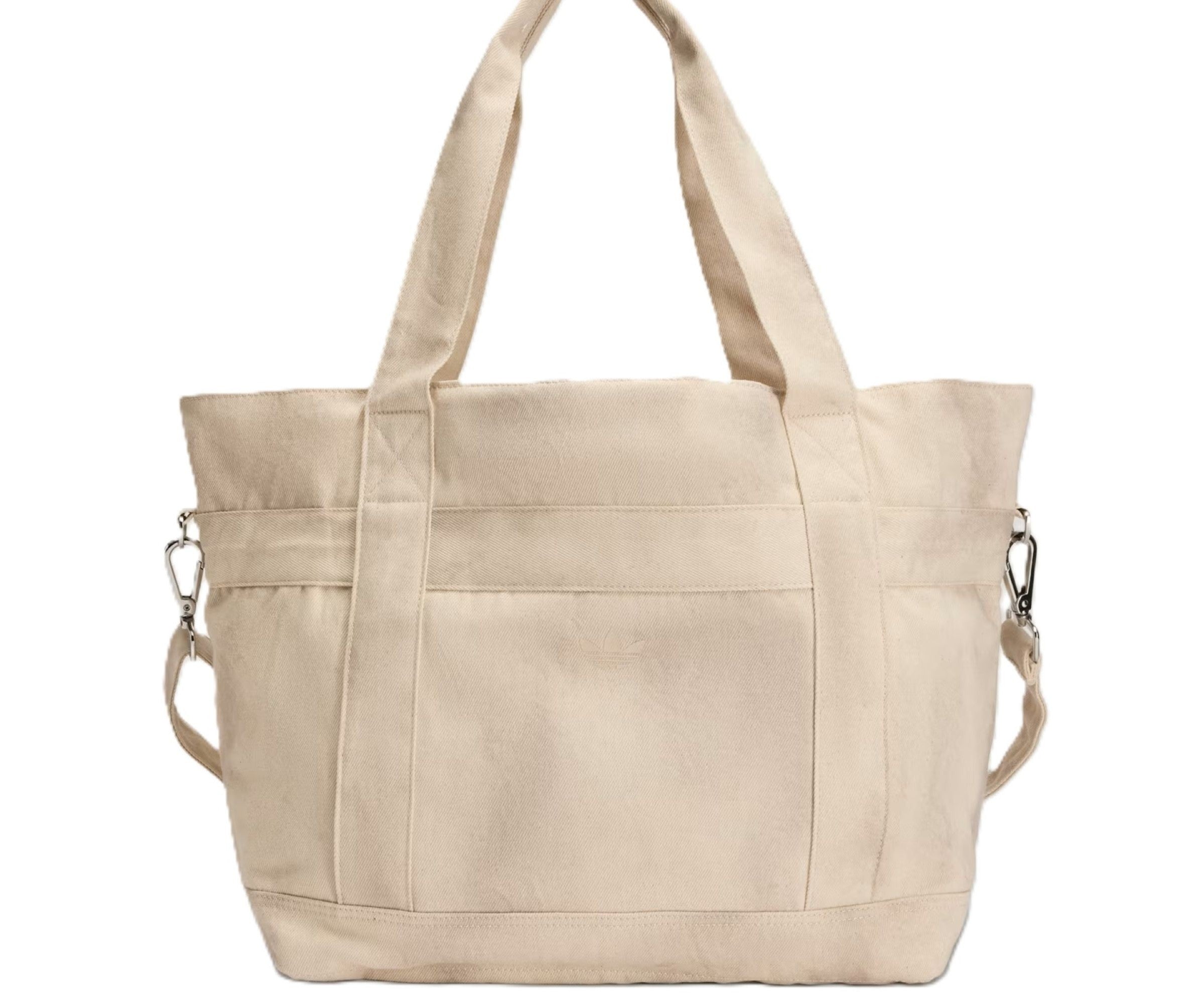 Beige tote bag with multiple pockets on a white background